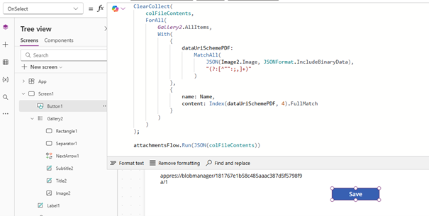Add flow trigger in on select save button with JSON(colFileContents) parameter