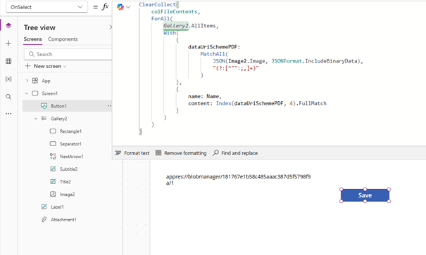 Use formula to convert appres Value to base64 in on select save button control