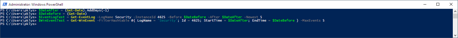 Get-WinEvent vs Get-EventLog Syntax