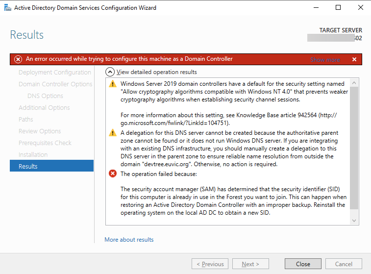 The security account manager (SAM) has determined that SID is already in use in the Forest