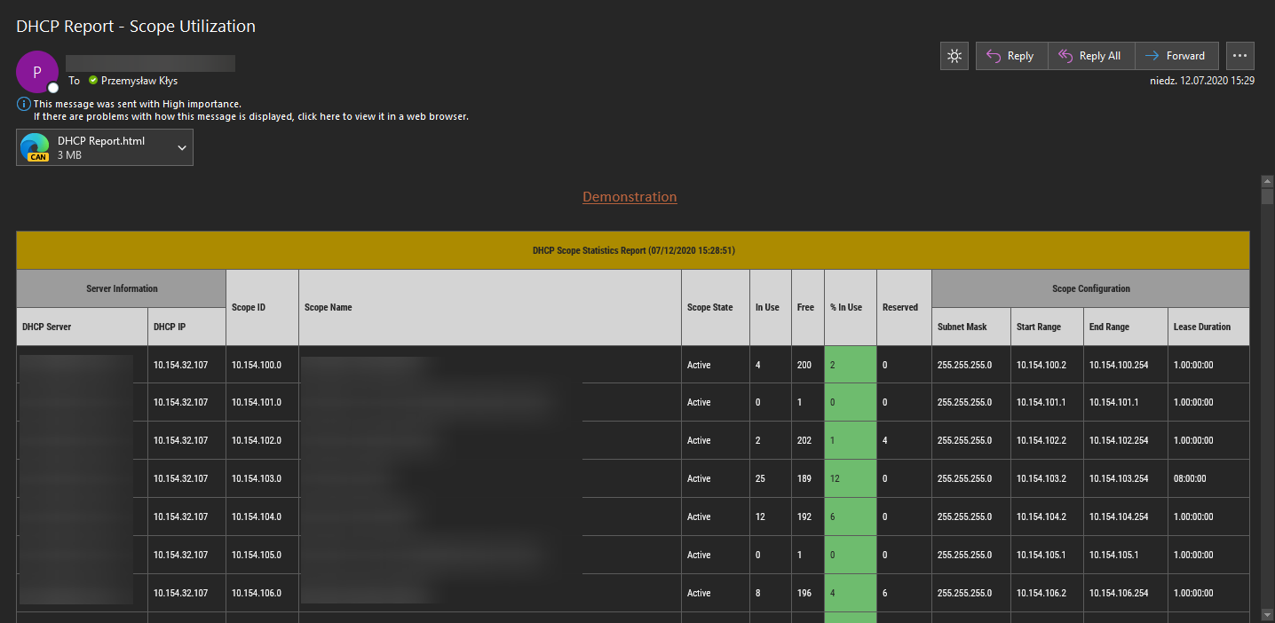 Active Directory DHCP Report to HTML or EMAIL with zero HTML knowledge